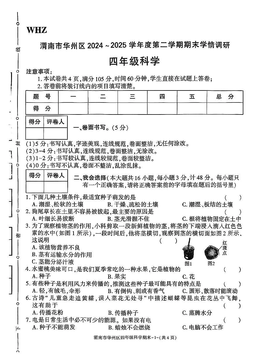 陕西省渭南市华州区2024-2025学年四年级下学期期末科学试题第1页