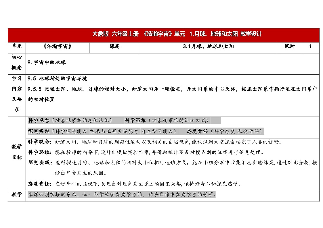 2025年秋大象版六年级科学上册 3.1月球、地球和太阳 (教案)第1页