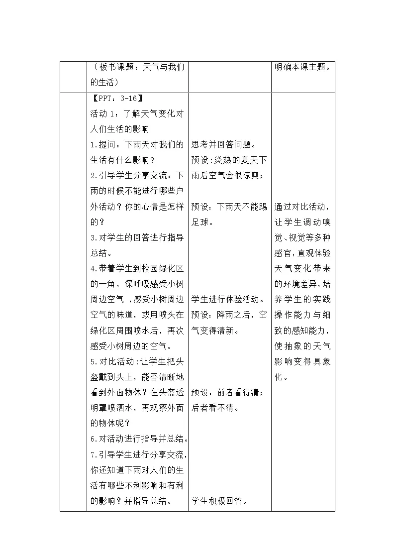 第14课 天气与我们的生活 教案 小学科学青岛版五四制(2024)一年级下册第三单元第3页