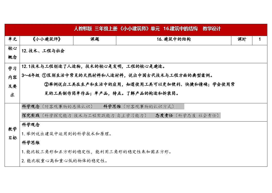 2025年秋人教鄂教版三年级科学上册 16.建筑中的结构(教案)第1页