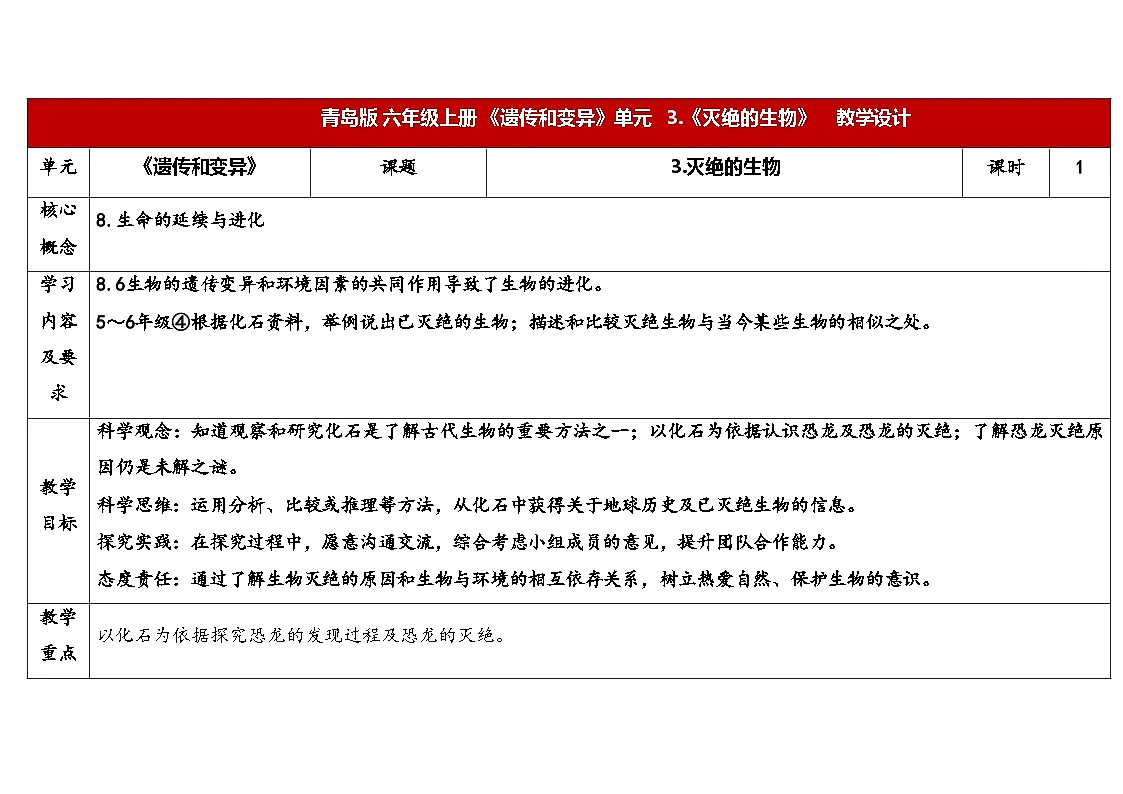 3.《灭绝的生物》教学设计 2025-2026学年秋青岛版六年级科学上册第1页