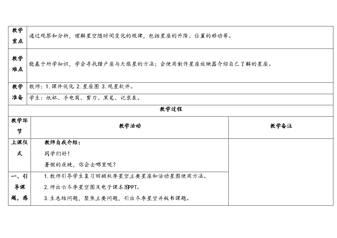 8.《冬季星空》教学设计 2025-2026学年青岛版六年级科学上册第2页
