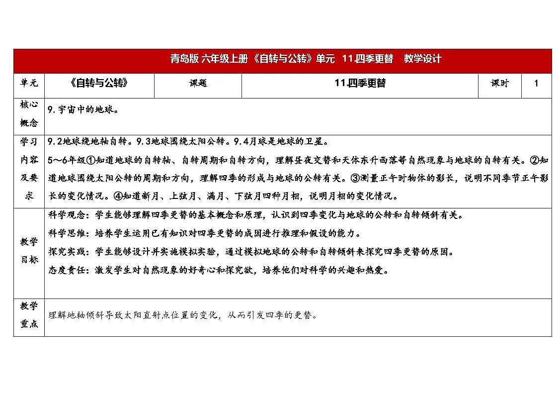 11.《四季更替》教学设计 2025-2026学年青岛版六年级科学上册第1页