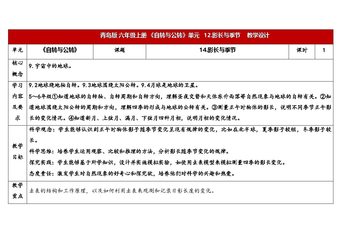 12.《影长与季节》教学设计 2025-2026学年青岛版六年级科学上册第1页