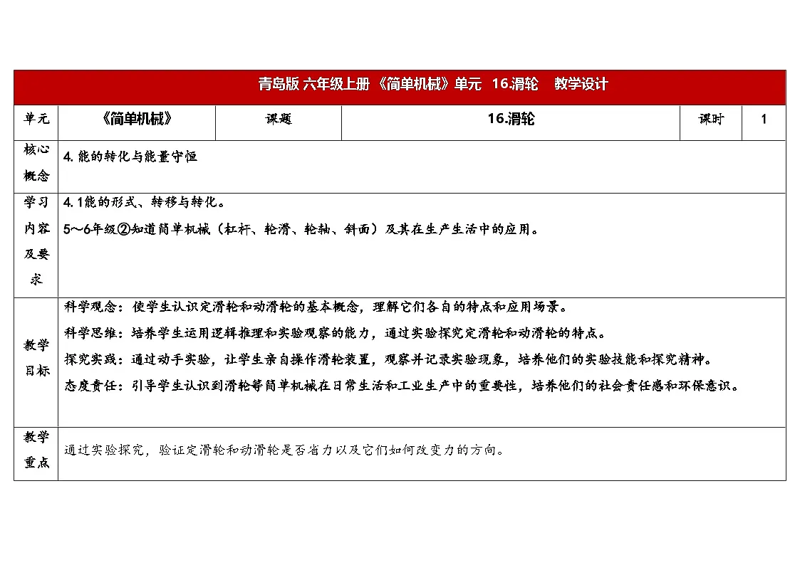 16.《滑轮》教学设计 2025-2026学年青岛版六年级科学上册第1页