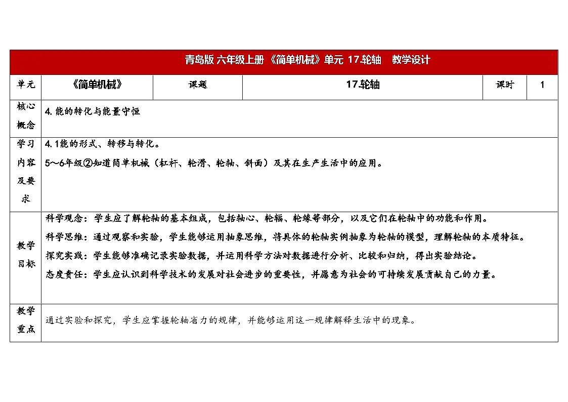 17.《轮轴》教学设计 2025-2026学年青岛版六年级科学上册第1页