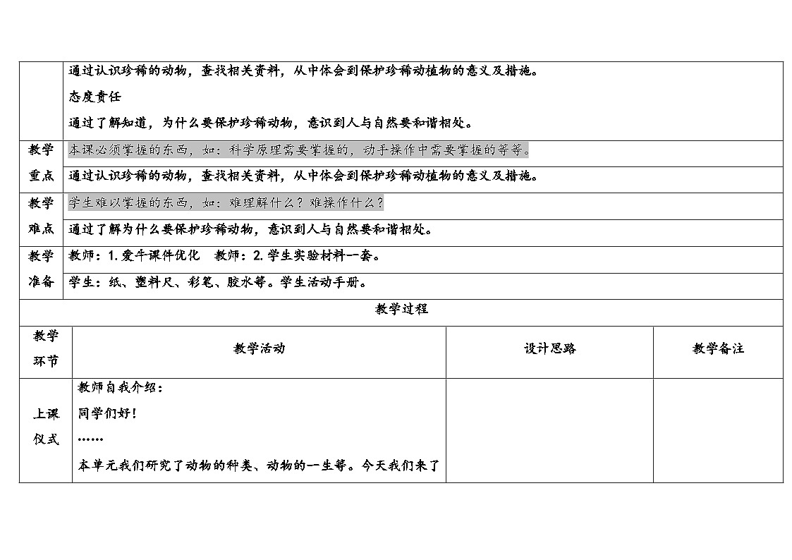 2025年大象版三年级科学上册 2.5珍稀动物(教案)第2页