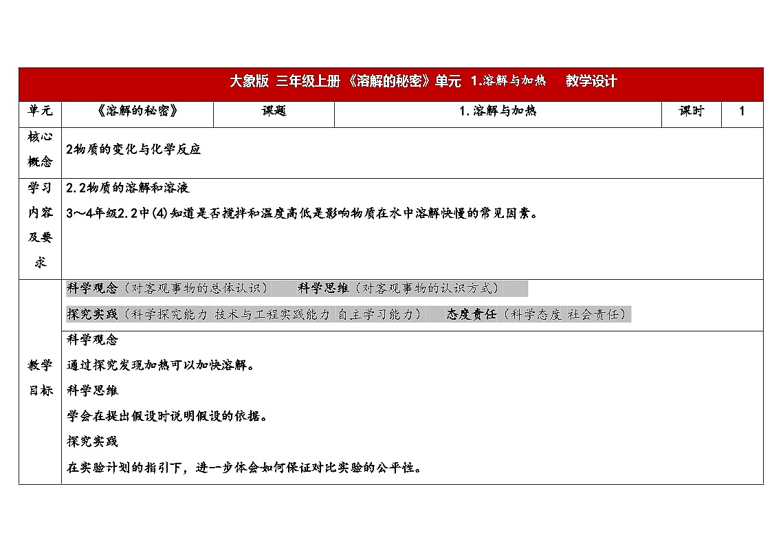 2025年大象版三年级科学上册 3.3溶解与加热(教案)第1页