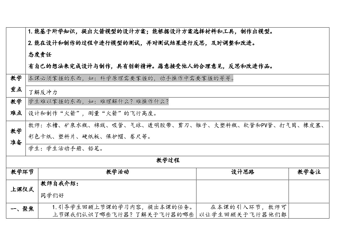 2025年人教鄂教版六年级科学下册 13.制作“火箭”(教案)第2页