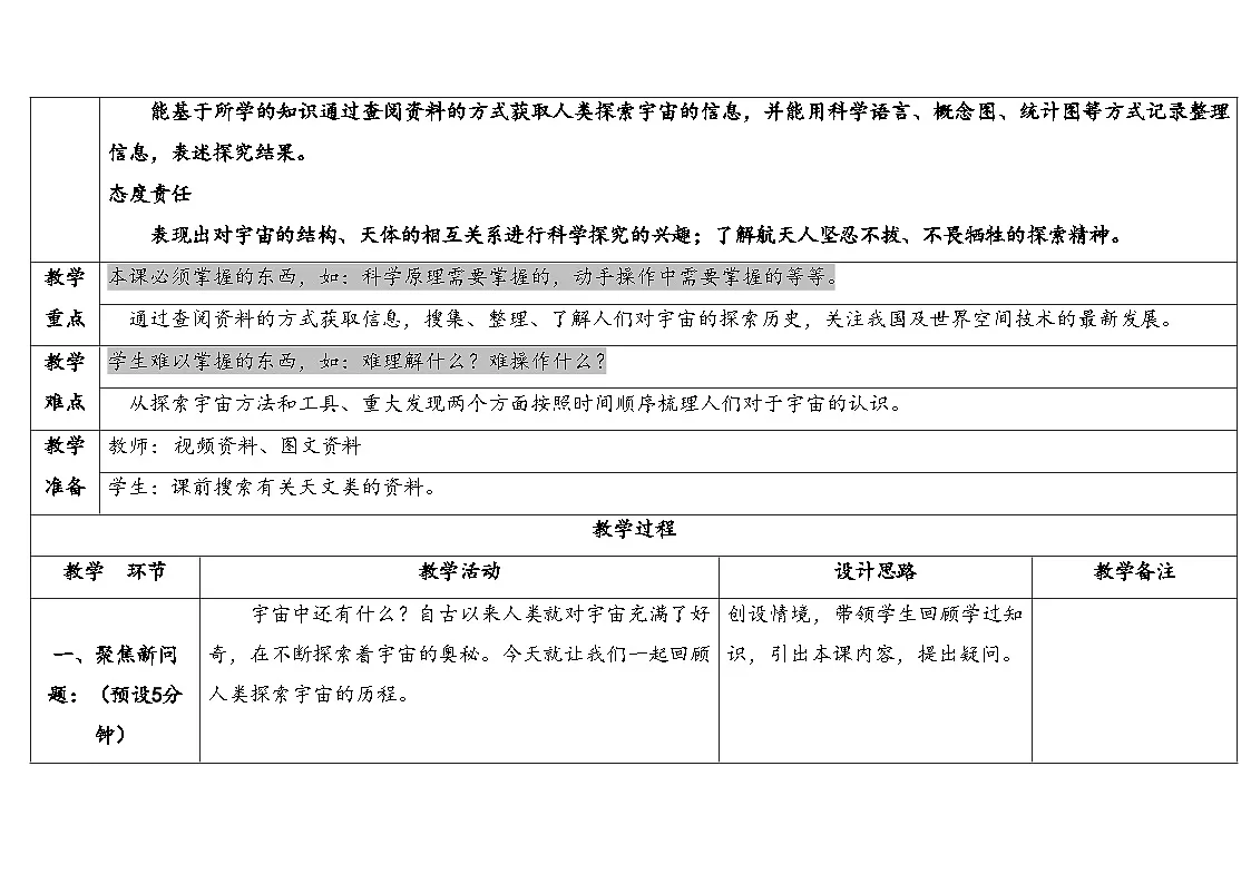 2025年人教鄂教版六年级科学下册 11.人类探索宇宙的历程(教案)第2页