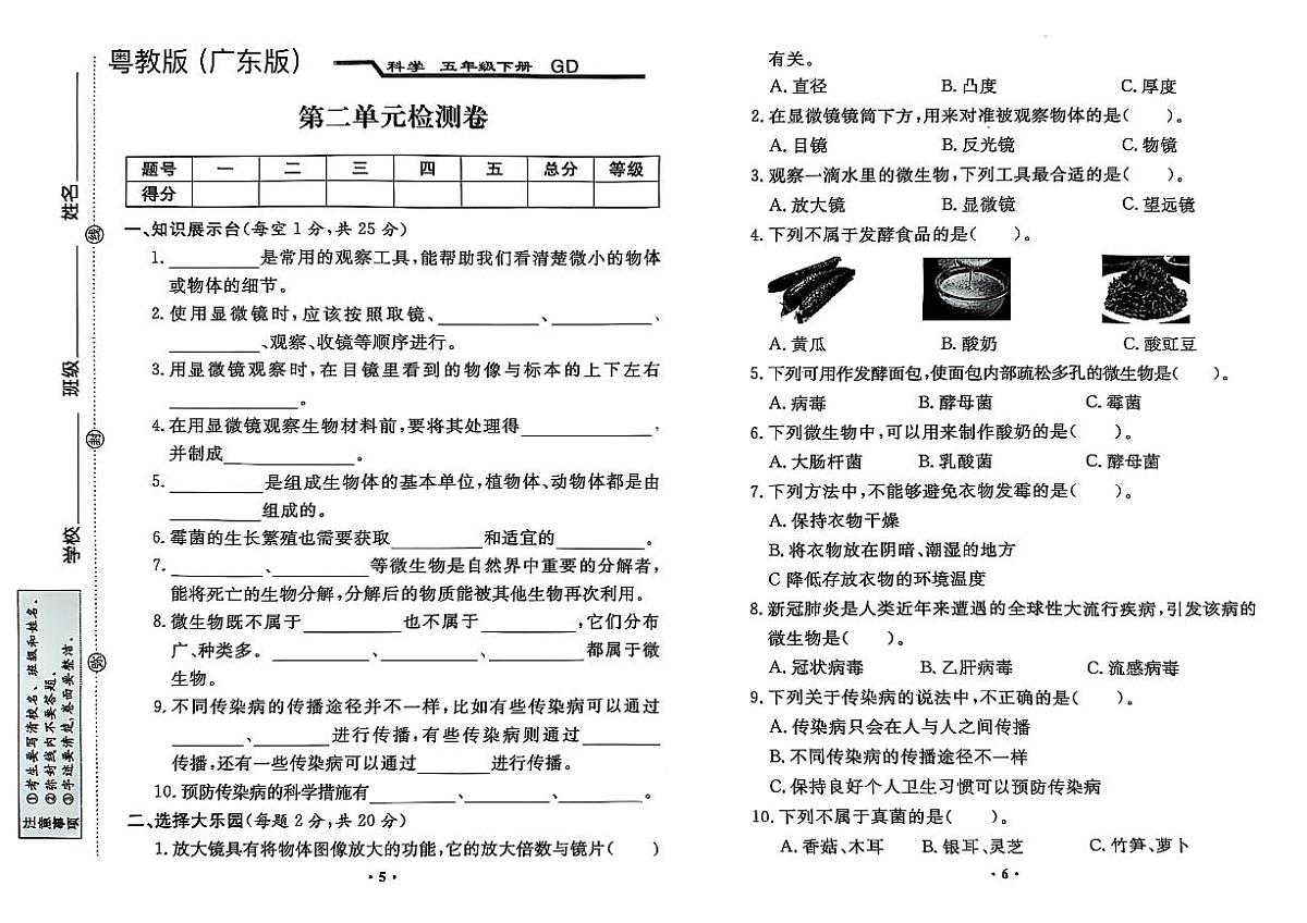 粤教版广东版五年级科学下册全套试卷(附答案)第3页