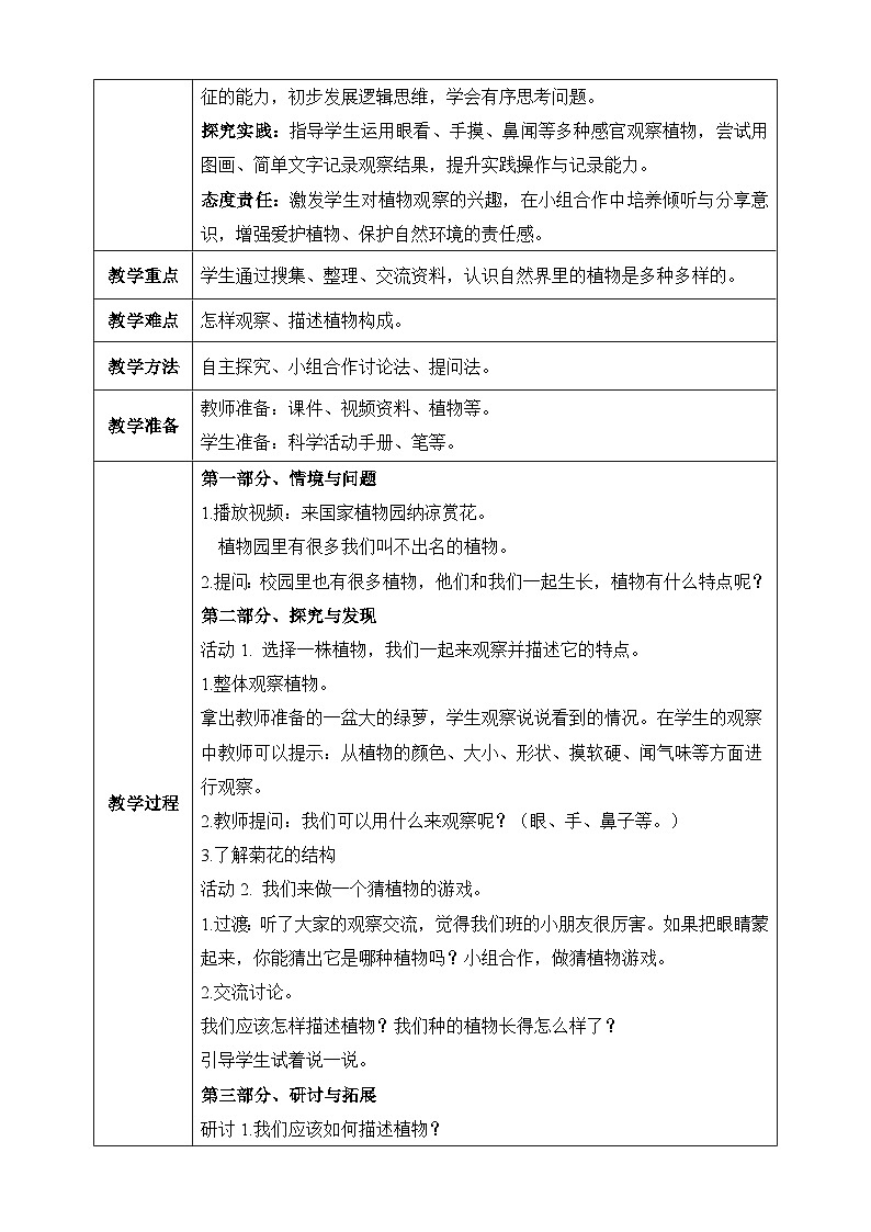 【任務(wù)型備課】教科版科學(xué)一上-1.2 觀察植物（教案）第2頁