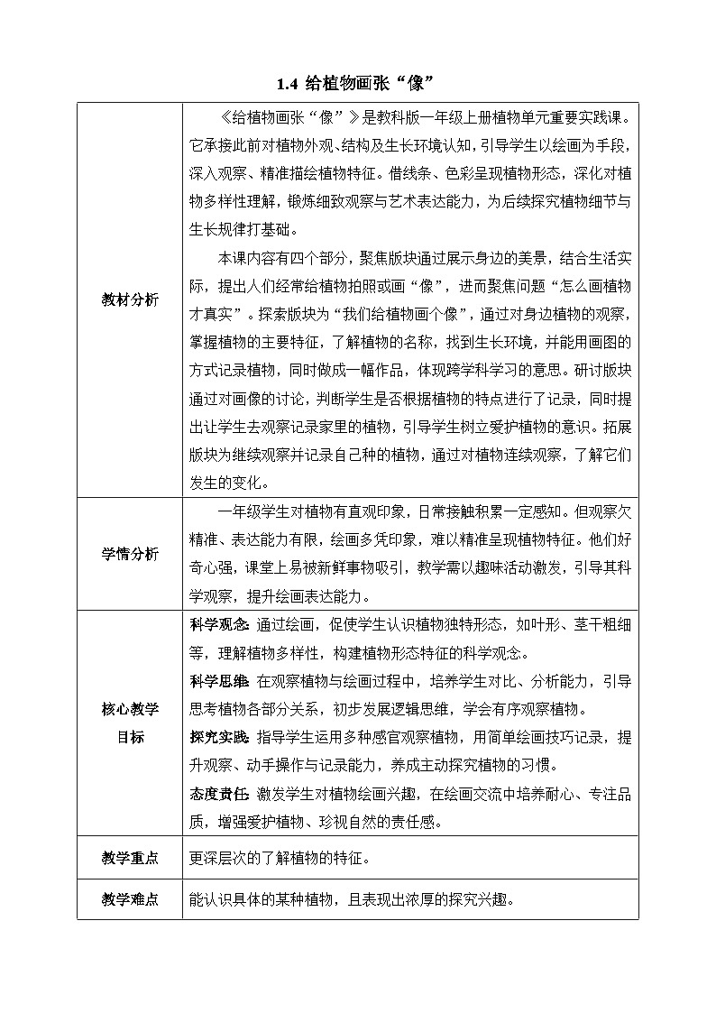 【任務(wù)型備課】教科版科學(xué)一上-1.4 給植物畫張“像”（教案）第1頁