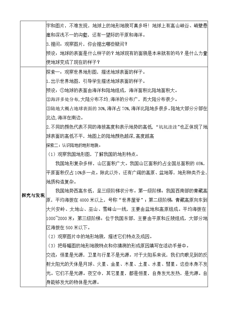【任务型备课】教科版科学五上-2.1 地球的表面(教案)第2页