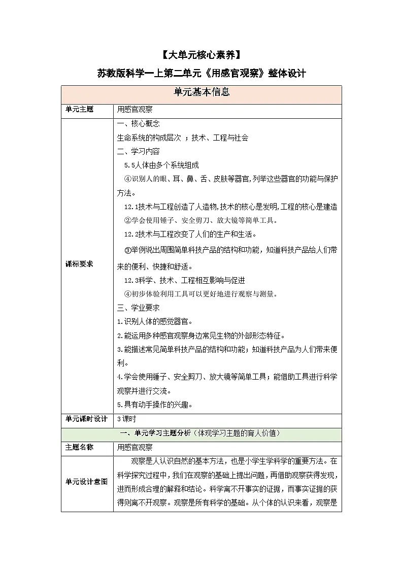 【大单元核心素养】苏教版科学一上第二单元《用感官观察》整体设计第1页