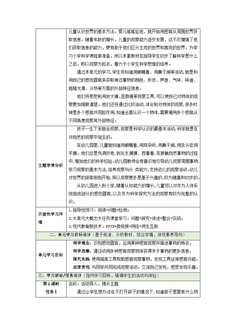 【大单元核心素养】苏教版科学一上第二单元《用感官观察》整体设计第2页