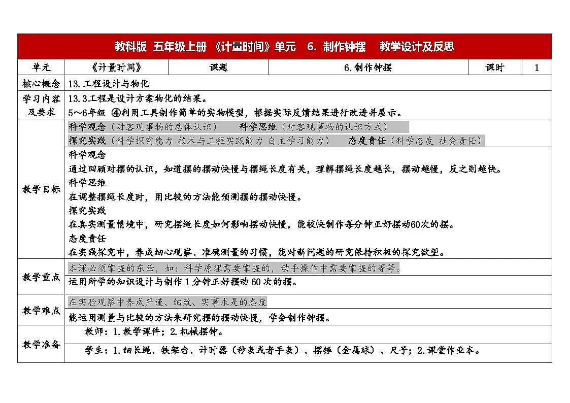 2025秋教科版五年级科学上册 3-6《制作钟摆》(表格式教案)第1页