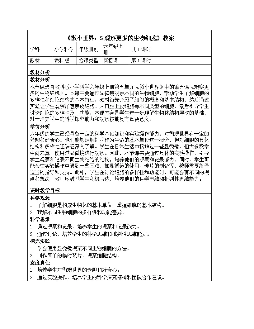《微小世界:5 观察更多的生物细胞》教学设计-2025-2026学年教科版科学六年级上册第1页