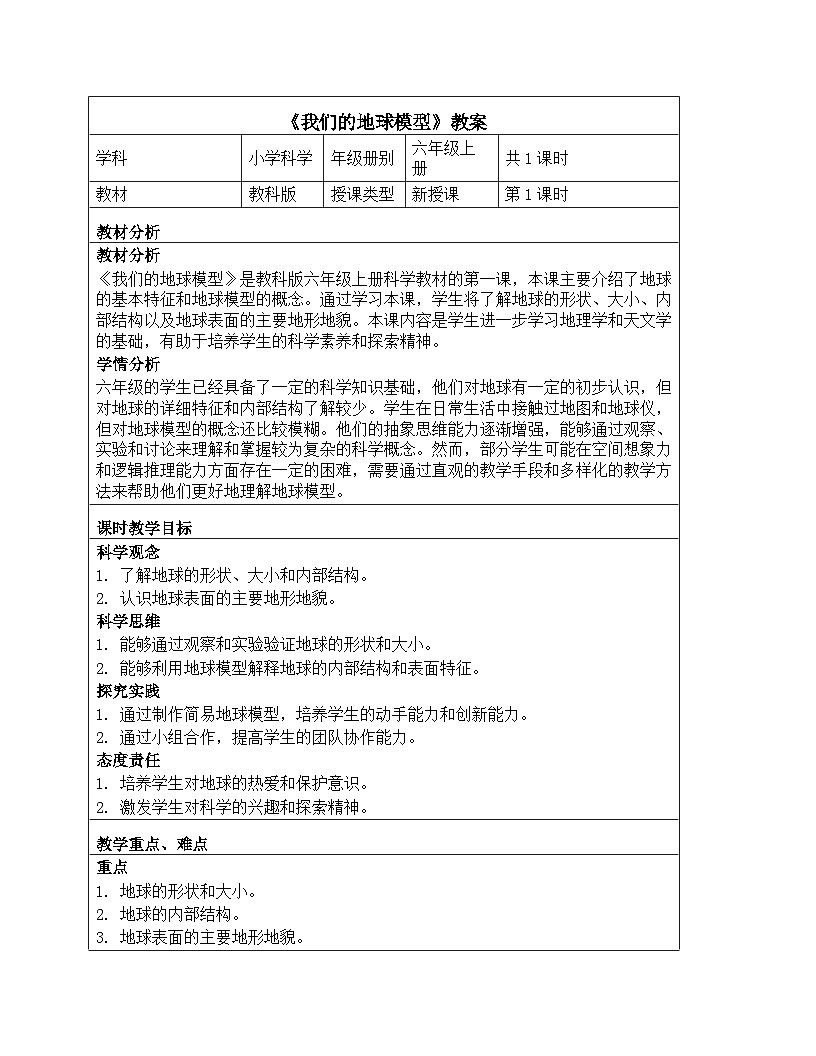 《地球的运动:1 我们的地球模型》教学设计-2025-2026学年教科版科学六年级上册第1页