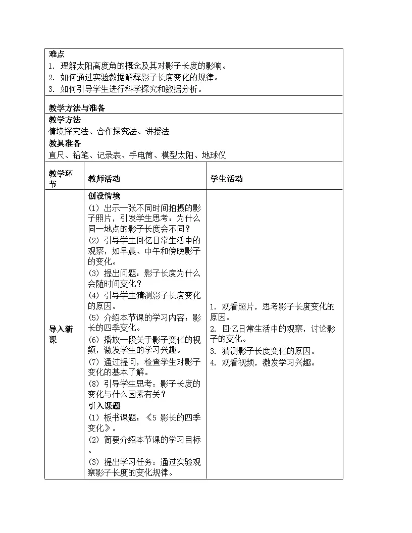 《地球的运动:5 影长的四季变化》教学设计-2025-2026学年教科版科学六年级上册第2页