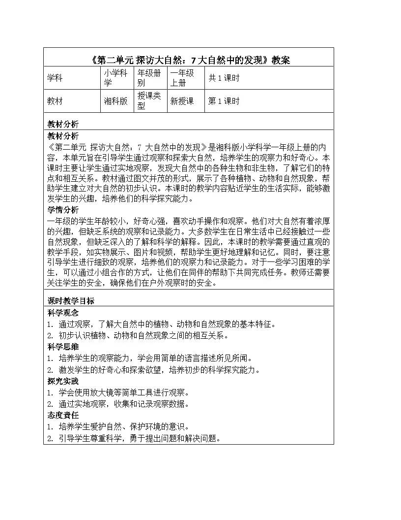 《第二单元 探访大自然:7 大自然中的发现》教学设计-2025-2026学年第一学期湘科版(2024)科学一年级上册第1页