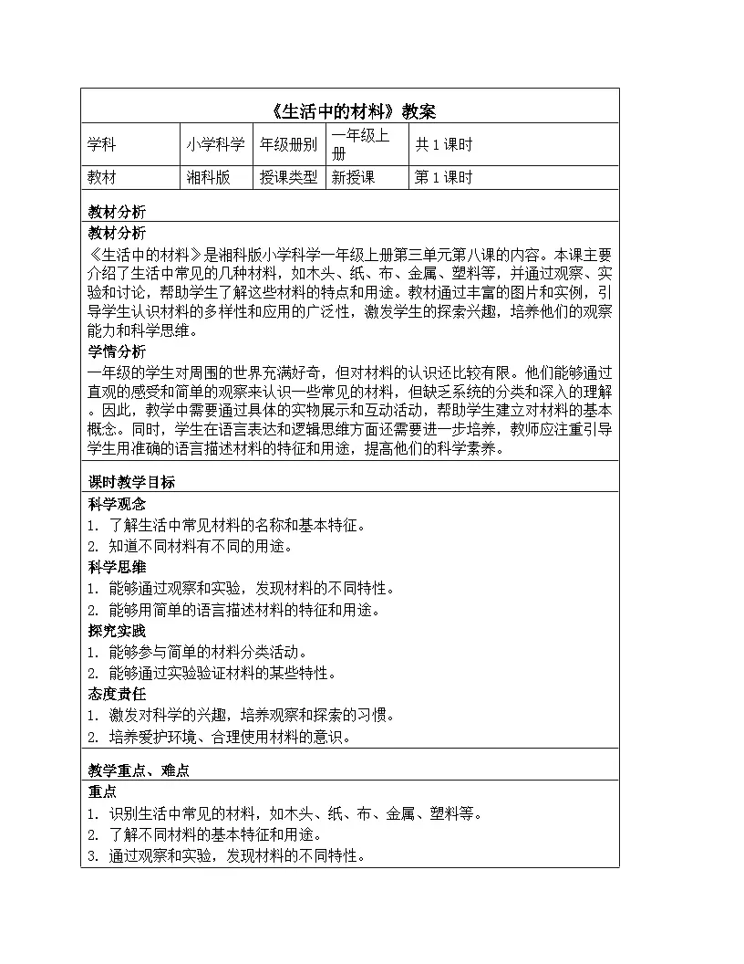 《第三单元 常见的材料:8 生活中的材料》教学设计-2025-2026学年第一学期湘科版(2024)科学一年级上册第1页