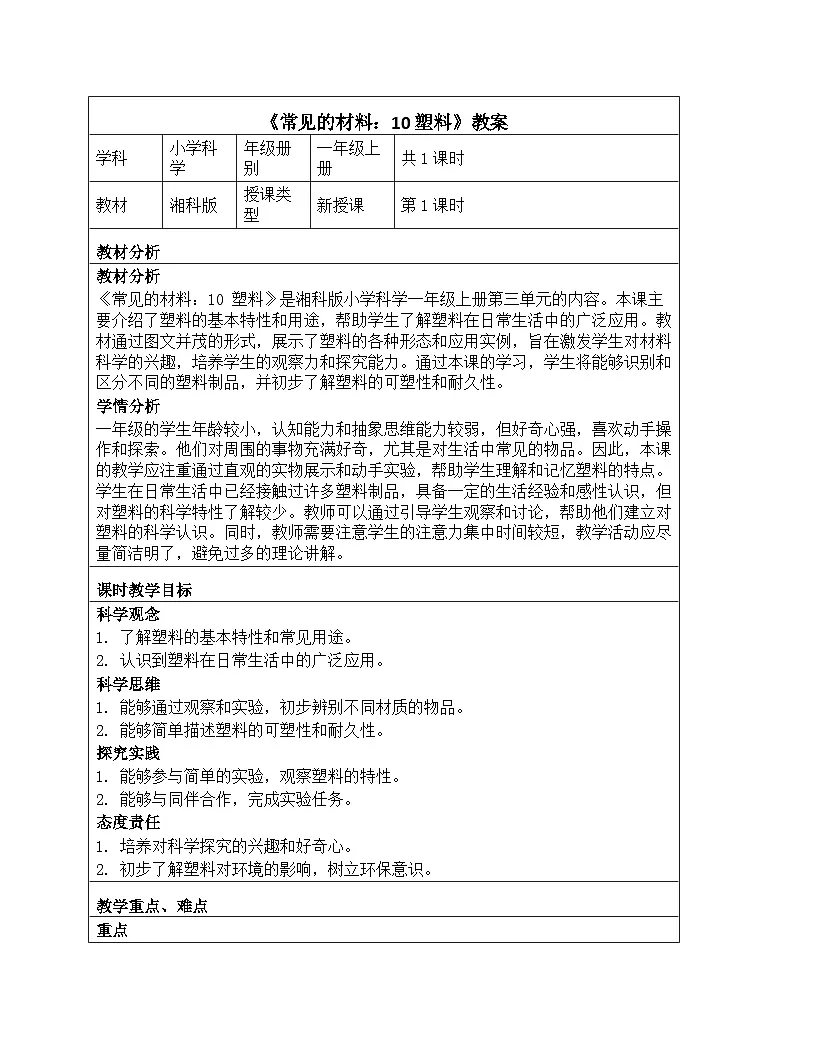 《第三单元 常见的材料:10 塑料》教学设计-2025-2026学年第一学期湘科版(2024)科学一年级上册第1页