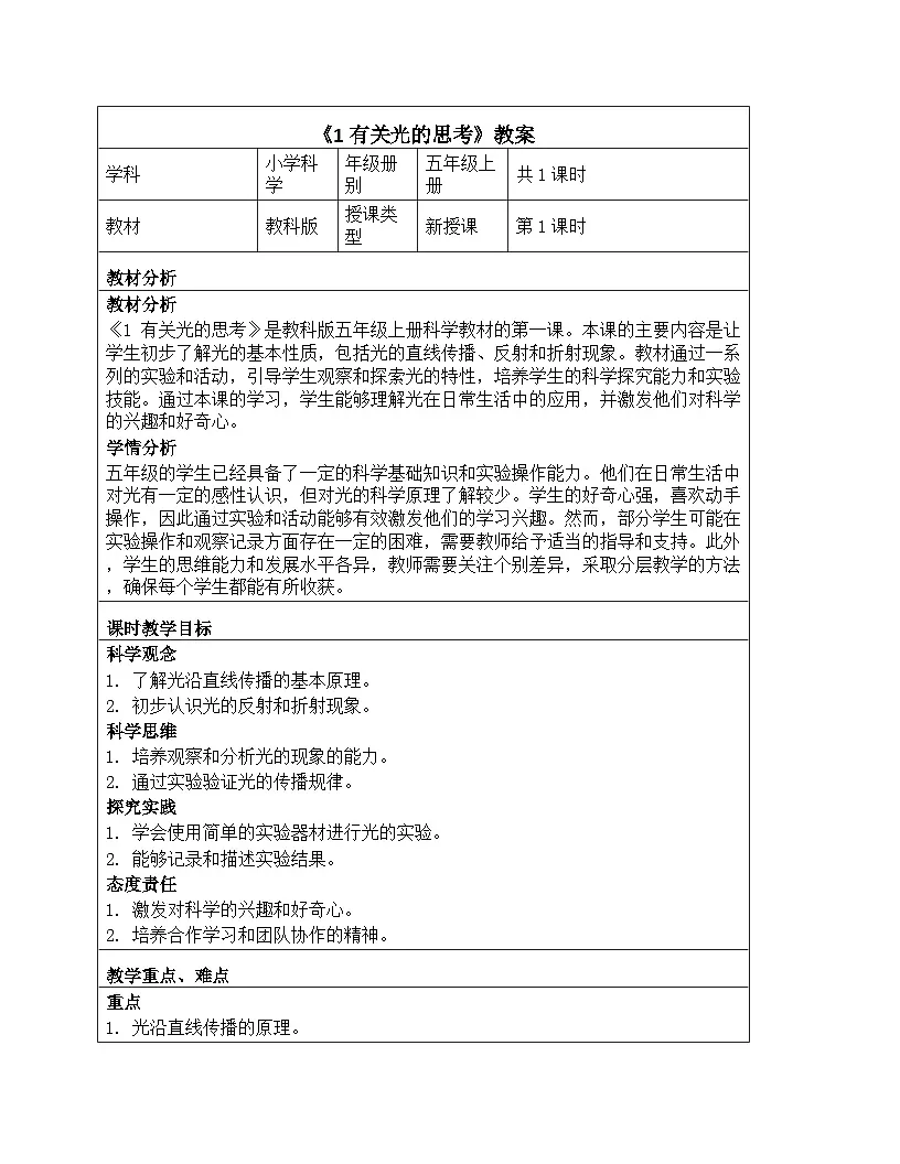《第一单元 光:1 有关光的思考》教学设计-2025-2026学年教科版(2024)科学五年级上册第1页