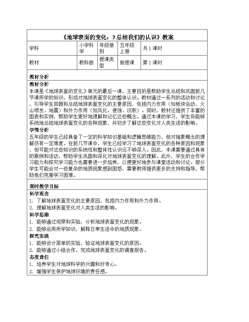 《第二单元 地球表面的变化:7 总结我们的认识》教学设计-2025-2026学年教科版(2024)科学五年级上册第1页