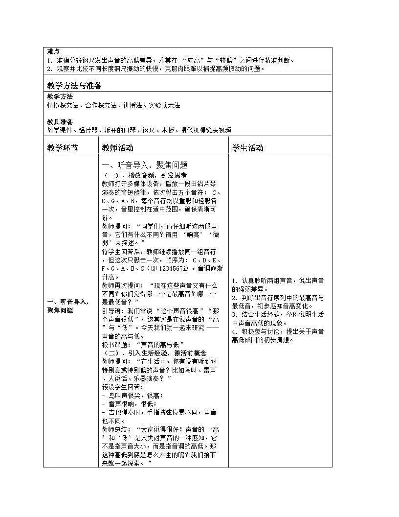 《6 声音的高与低》教学设计(表格版)-2025-2026学年教科版科学四年级上册第2页
