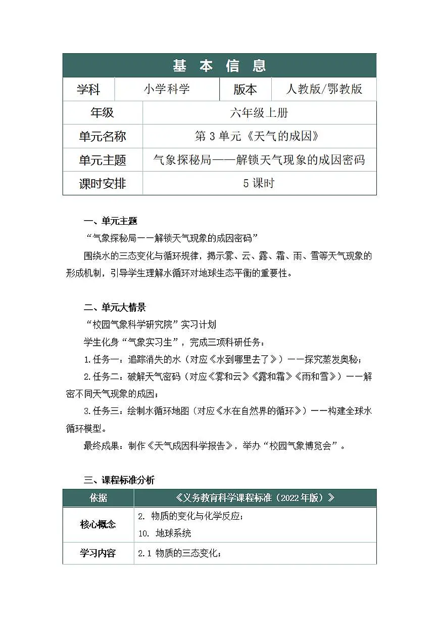 人鄂版小学科学六年级上册第三单元《天气的成因》大单元整体教学设计第2页