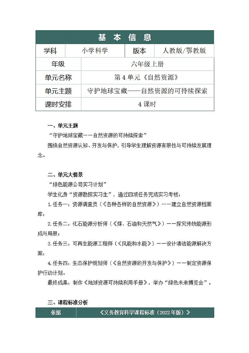 人鄂版小学科学六年级上册第四单元《自然资源》大单元整体教学设计第2页