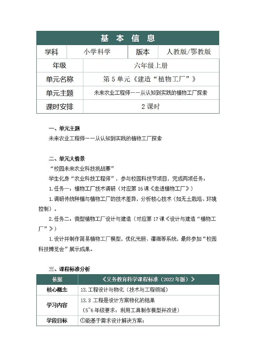 人鄂版小学科学六年级上册第五单元《建造‘植物工厂’》大单元整体教学设计第2页