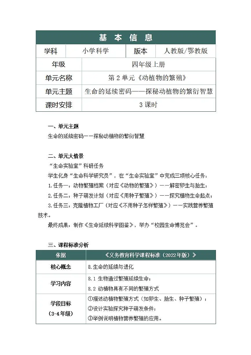 人鄂版小学科学四年级上册第二单元《动植物的繁殖》大单元整体教学设计第2页