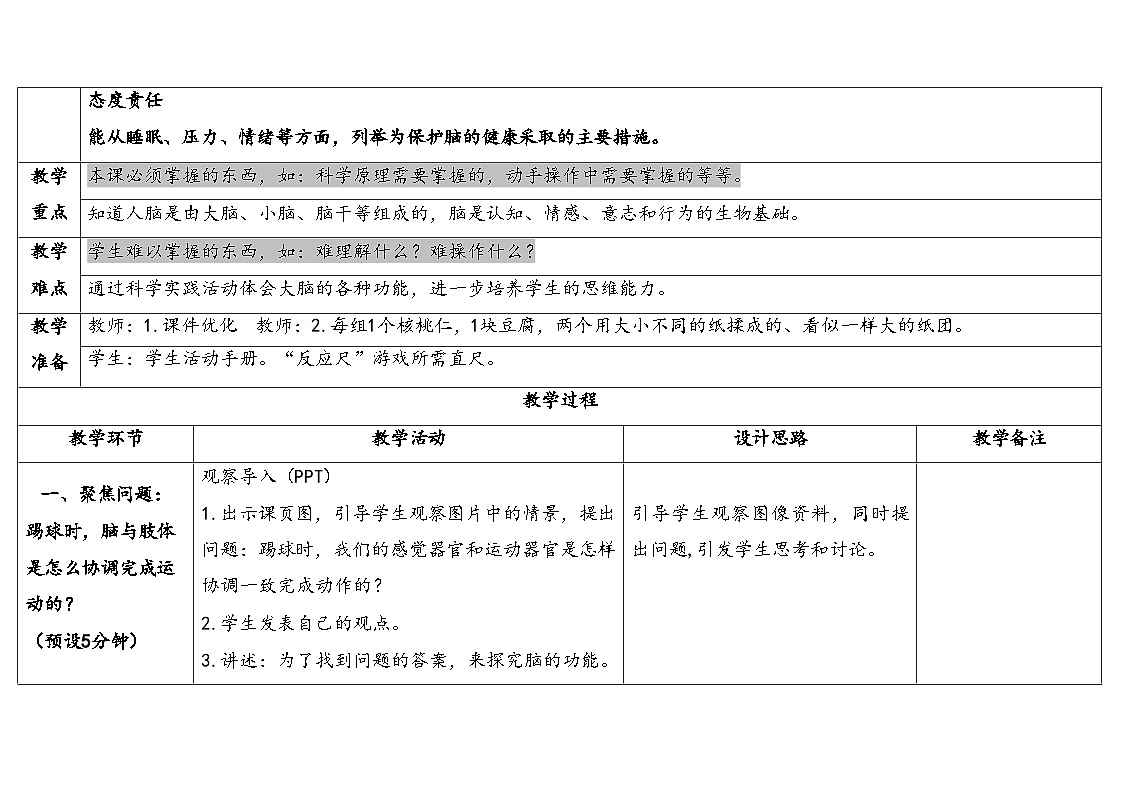 人教鄂教版五年级科学下册 9.脑的功能(表格式教案)第2页