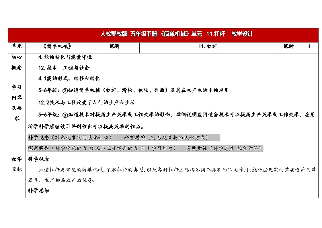 人教鄂教版五年级科学下册 11.杠杆(表格式教案)第1页