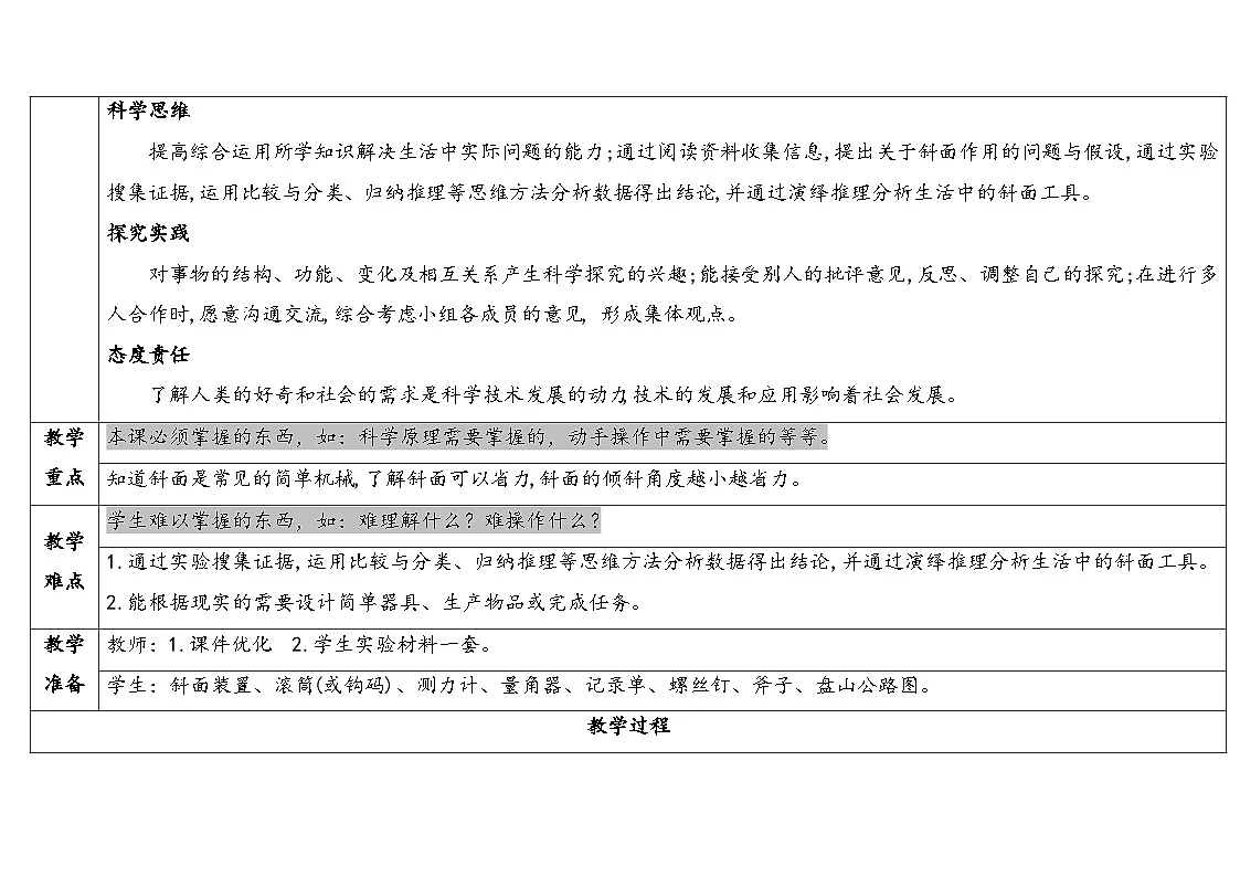 人教鄂教版五年级科学下册 14.斜面(表格式教案)第2页