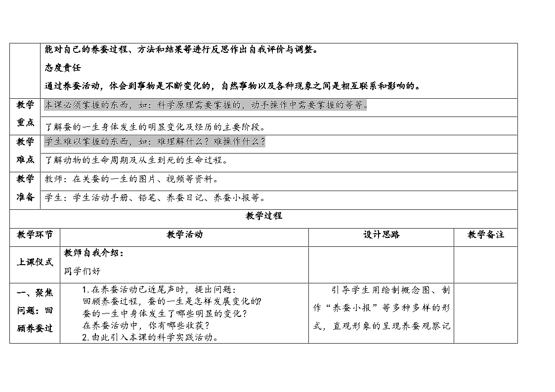 人教鄂教版四年级科学下册 8.蚕的一生(表格式教案)第2页