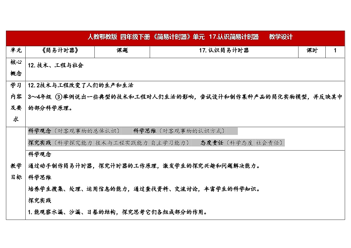 人教鄂教版四年级科学下册 17.认识简易计时器(表格式教案)第1页