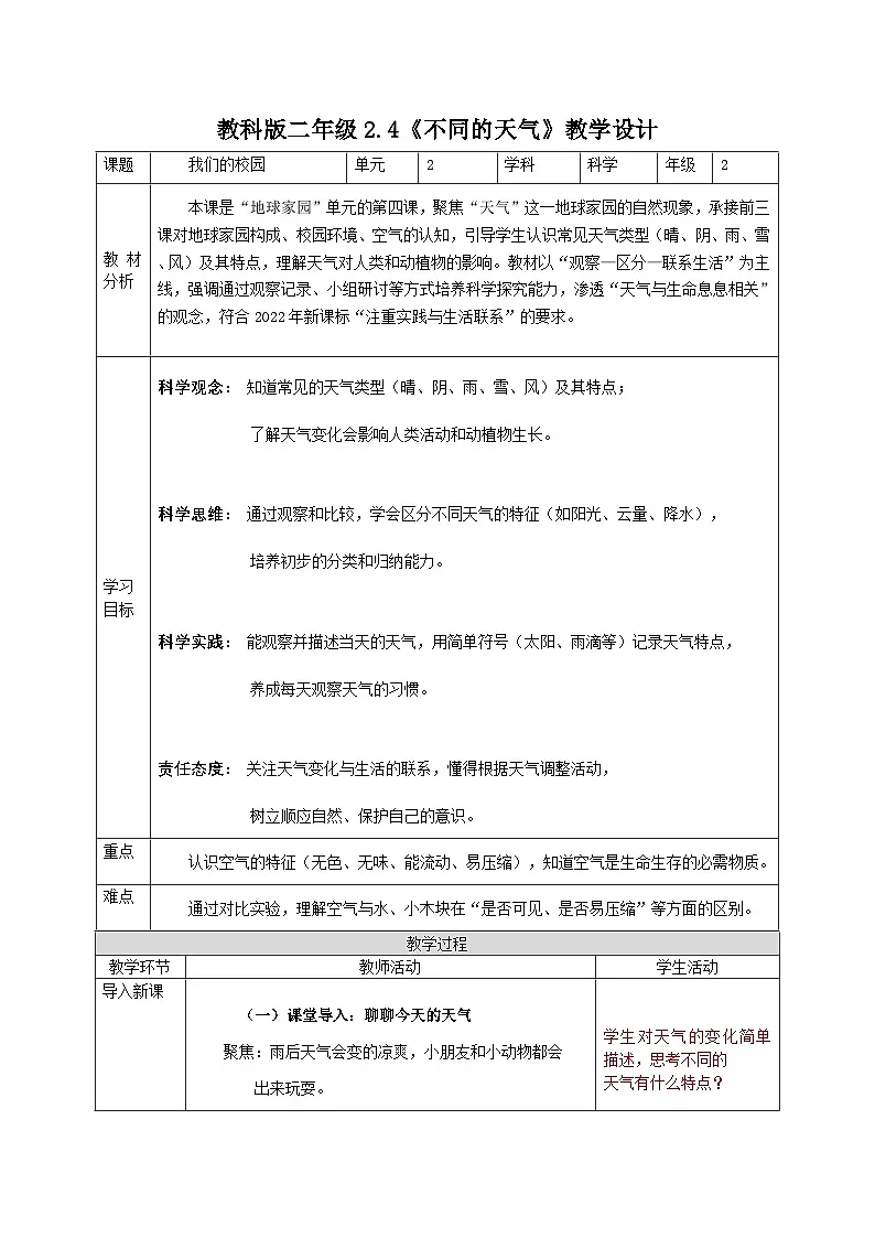 教科版二年级《不同的天气》教学设计(教学反思)第1页