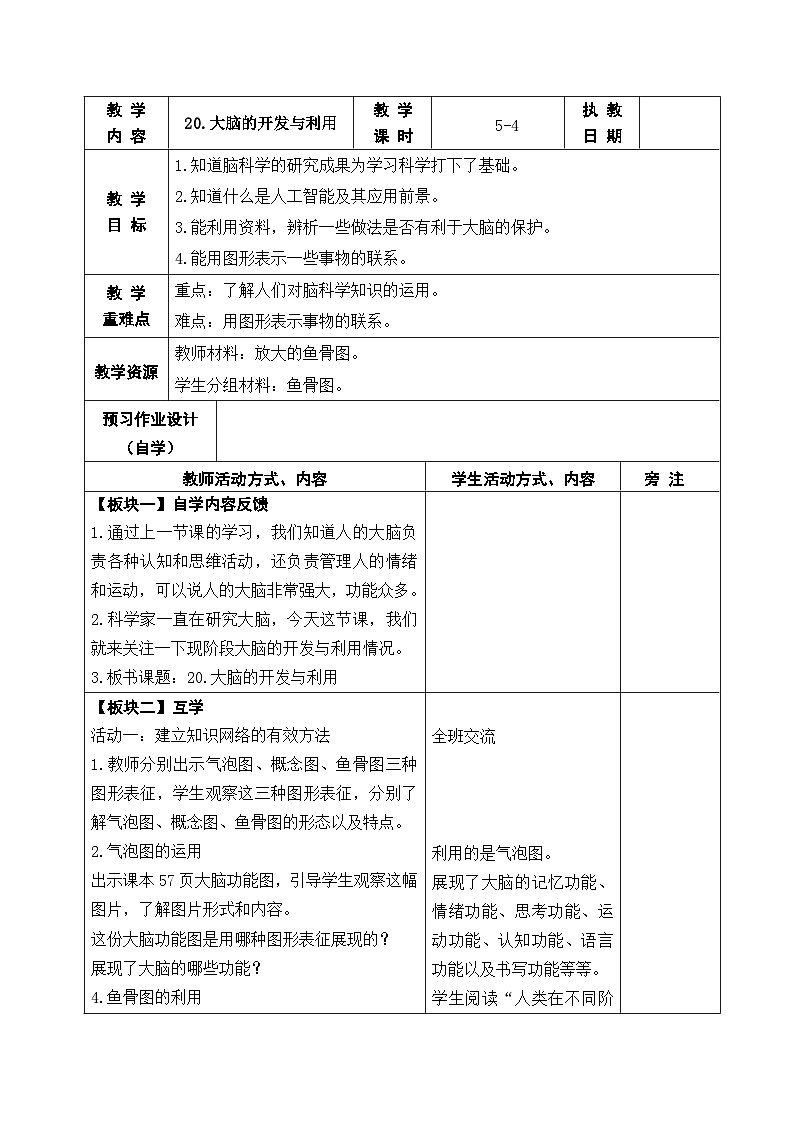 2025秋苏教版五年级科学上册 20.大脑的开发与利用 (表格教案)第1页