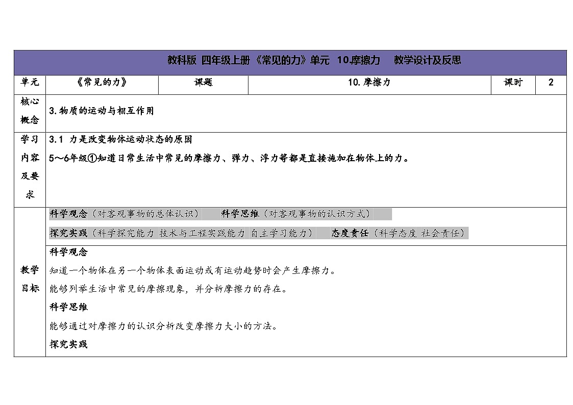 2025秋苏教版四年级科学上册3-3《摩擦力》(表格式教案及反思)第1页