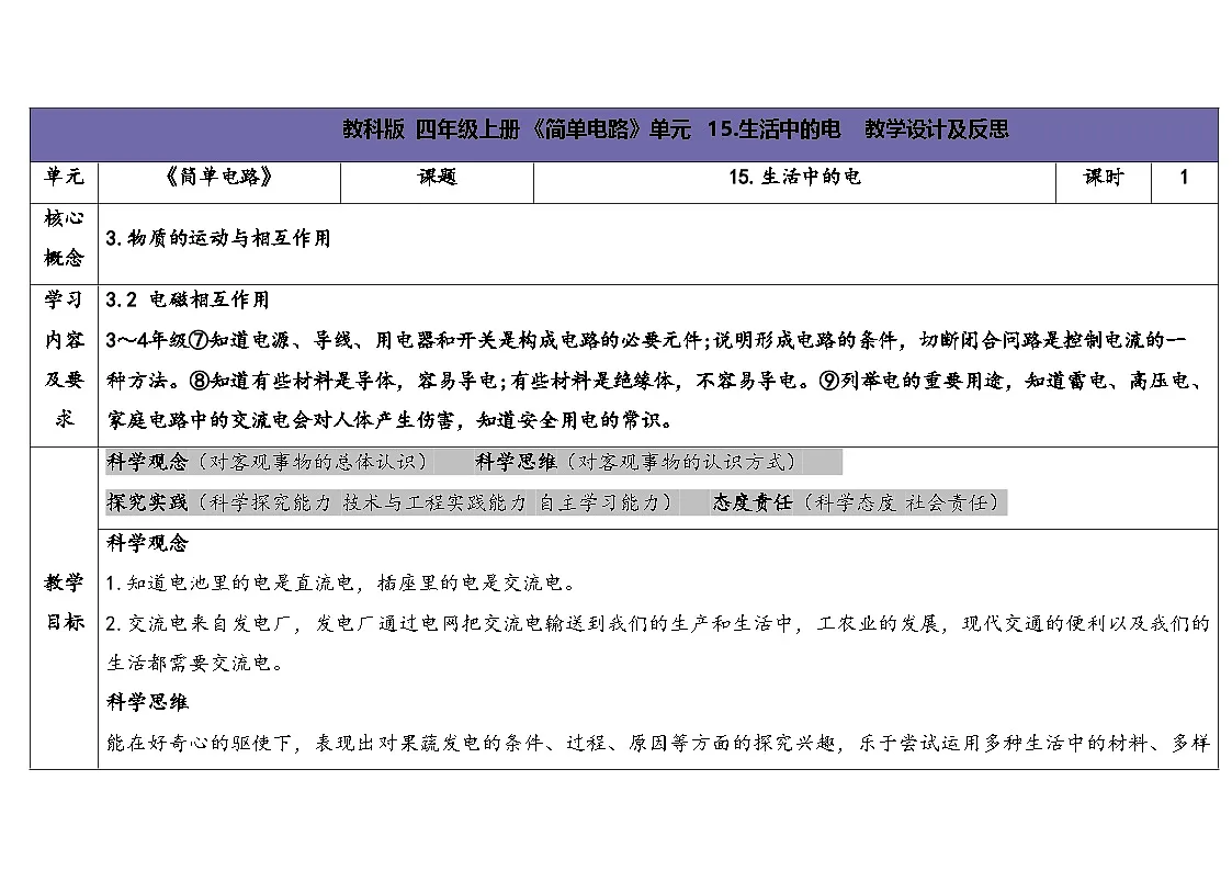 2025秋苏教版四年级科学上册4-4 生活中的电(表格式教案及反思)第1页