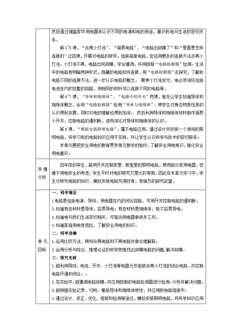 教科版(2017)科学四下第二单元《电路》单元教学规划第2页