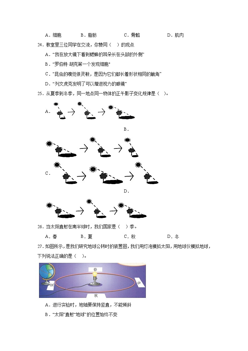 2024-2025学年浙江省杭州市余杭区教科版六年级上册期中素养测评科学试卷(含答案)第3页