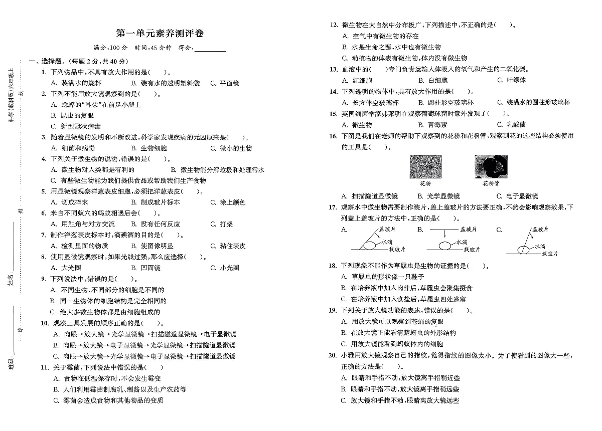 25秋教科版六年级上册科学单元期中期末素养测评试卷第1页