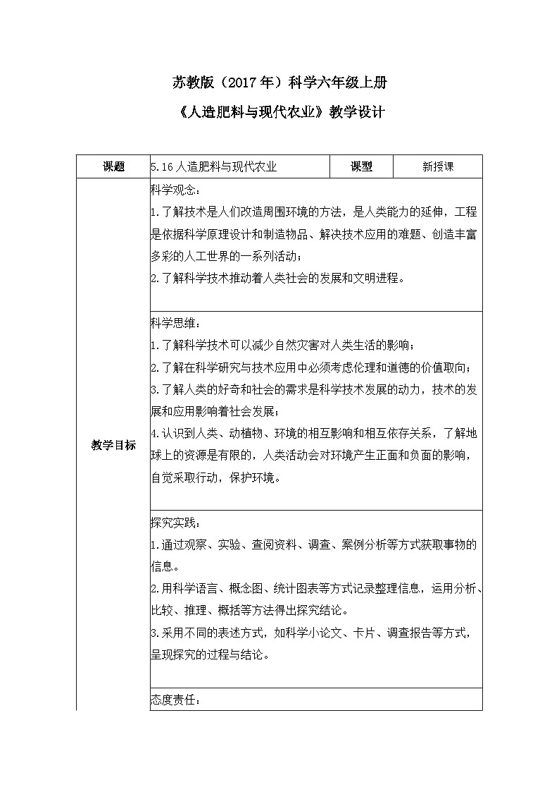 5.16 人造肥料与现代农业(教学设计)-六年级科学上册同步精品课堂(苏教版)第1页