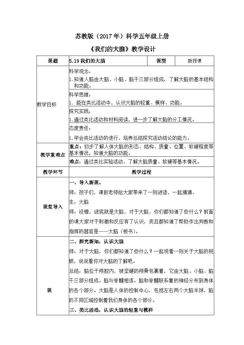苏教版科学五年级上册 5.19 我们的大脑(教学设计)第1页