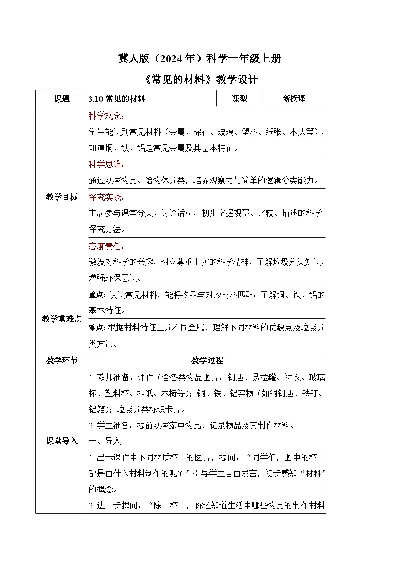 3.10 常见材料(教学设计)科学冀人版一年级上册(新教材)第1页