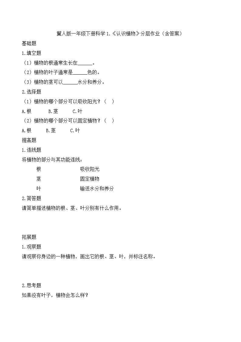 1《认识植物》分层作业-2024~2025学年科学一年级下册(冀人版)第1页